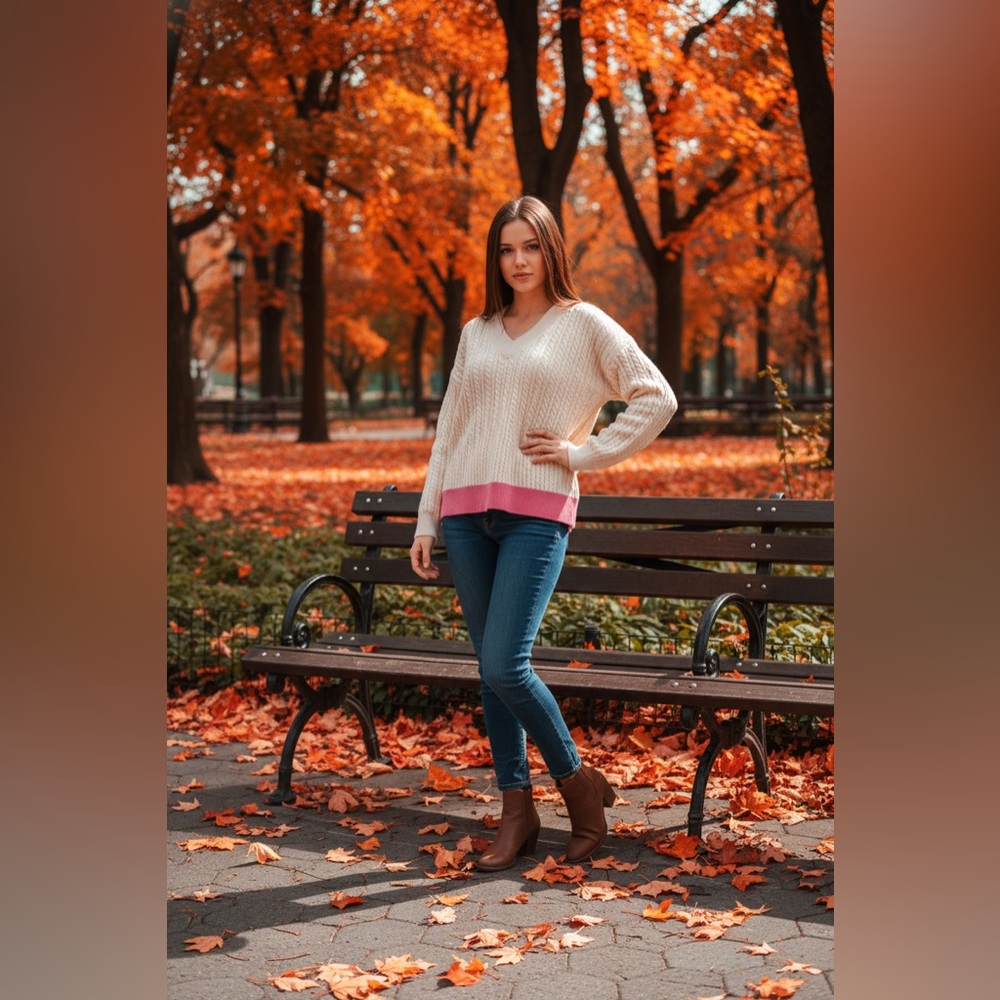 French Connection Women's Cream and Pink Sweater